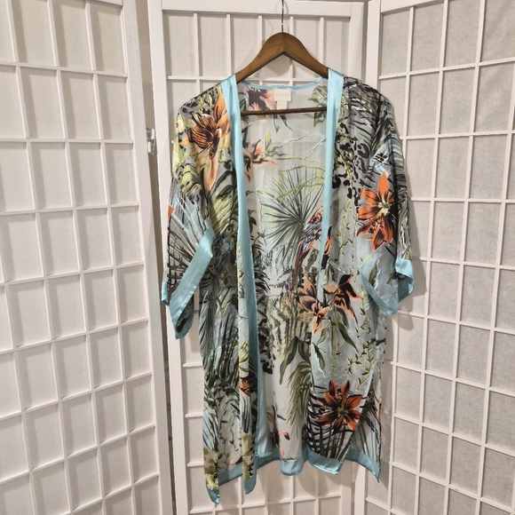 Vintage 3/4 Sleeve Silk Blend Burnout Kimono Jacket Turquoise Sz S M